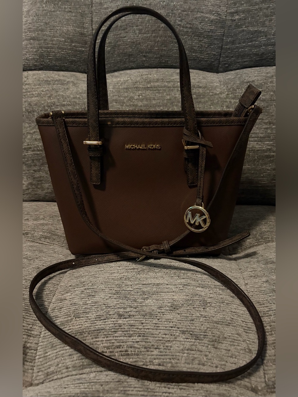 Michael Kors Dark Brown Saffiano Leather Satchel with MK Charm